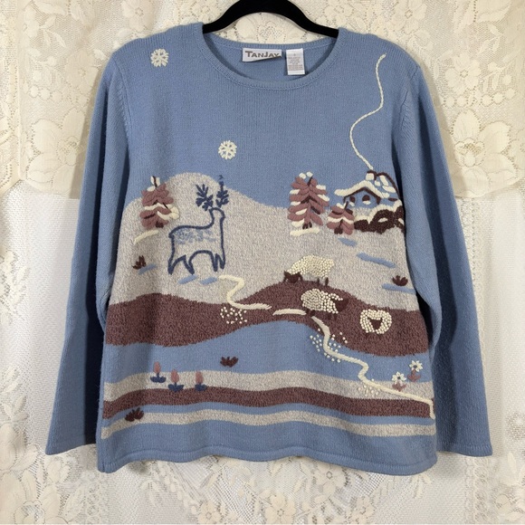 Vintage Winter Scenery Sweater Blue Purple Novelty Winter Cottagecore Sz Small - Picture 2 of 9